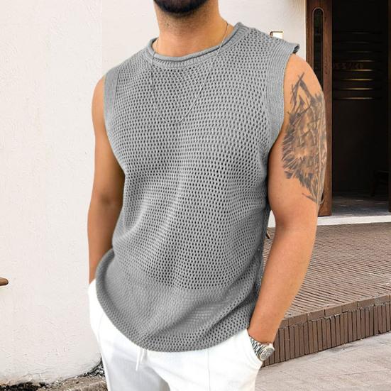 

Yousheng Men Vest Round Neck Sleeveless Summer Breathable Vest Solid Color Hollow Knitting Tops Fitness Home Wear M сірий