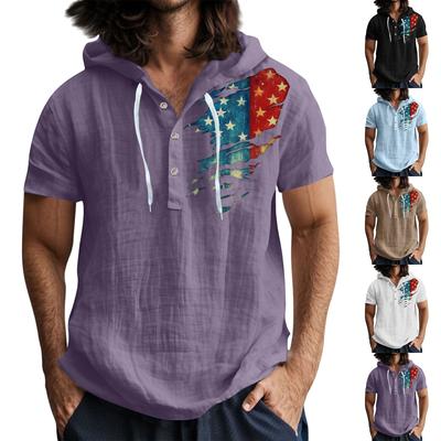 Men'S Casual Short Sleeved Hooded Top Buttoned Open Neck T-Shirt