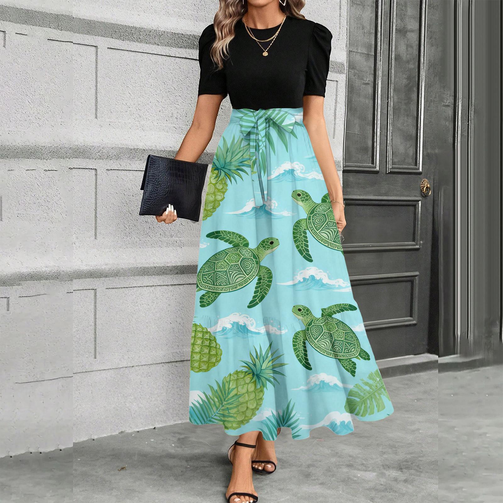 

Женское платье с коротким рукавом, повседневное, свободное, А-силуэта, миди, футболка-платье с карманами, круглый вырез, для отдыха, в стиле бохо, пляжный сарафан L синий