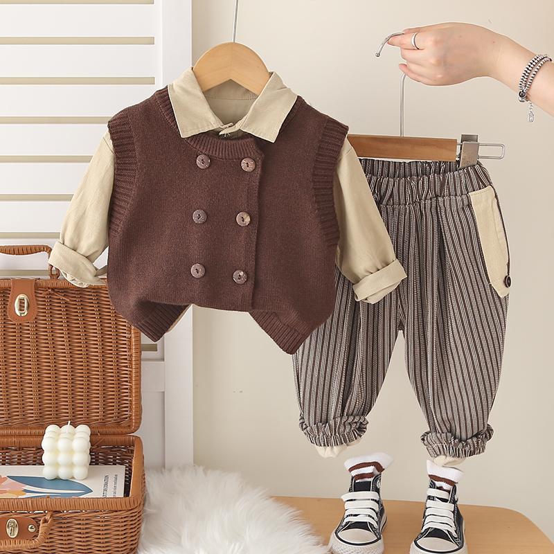 Boys' Spring and Autumn Set, Children's Double Breasted Knitted Vest, Casual Shirt, Striped Pants, 3-Piece Set