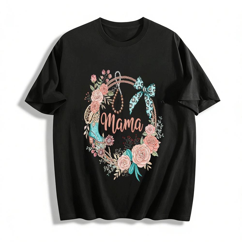 Western Style Floral Mama Print Casual Top Pure cotton T-shirt XXS
