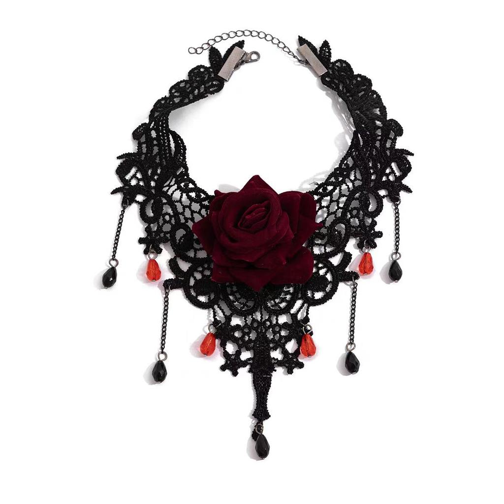 Lace Rose Necklace Niche Design Tassel Choker Neck Chain Sweet Cool Item