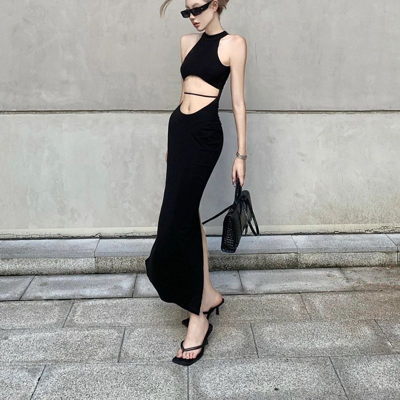 Black Temperament Niche Designer Summer New Vacation Hollow Dress Waist Sexy Sleeveless Split Fork Long