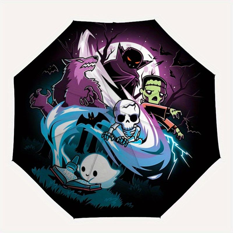 1pc Halloween Horror Friends Automatic Opening Umbrella - Portable 3-Fold Design, 8 Ribs Outdoor Umbrella, Festival Gift for Fans, Travelers, Dai