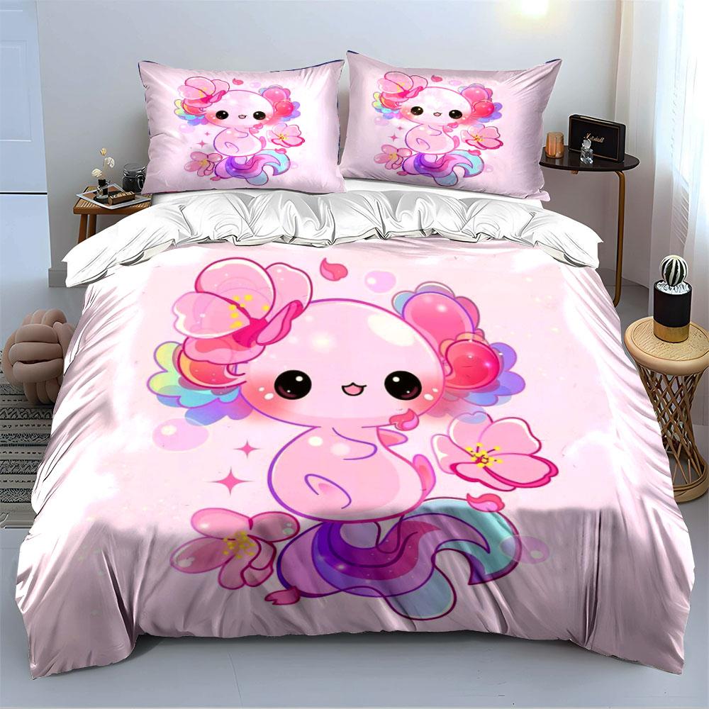 Cute Pink Axolotl with Flowers Bedding Duvet Cover Set (1*Duvet Cover 2*Pillowcases, without duvet insert)