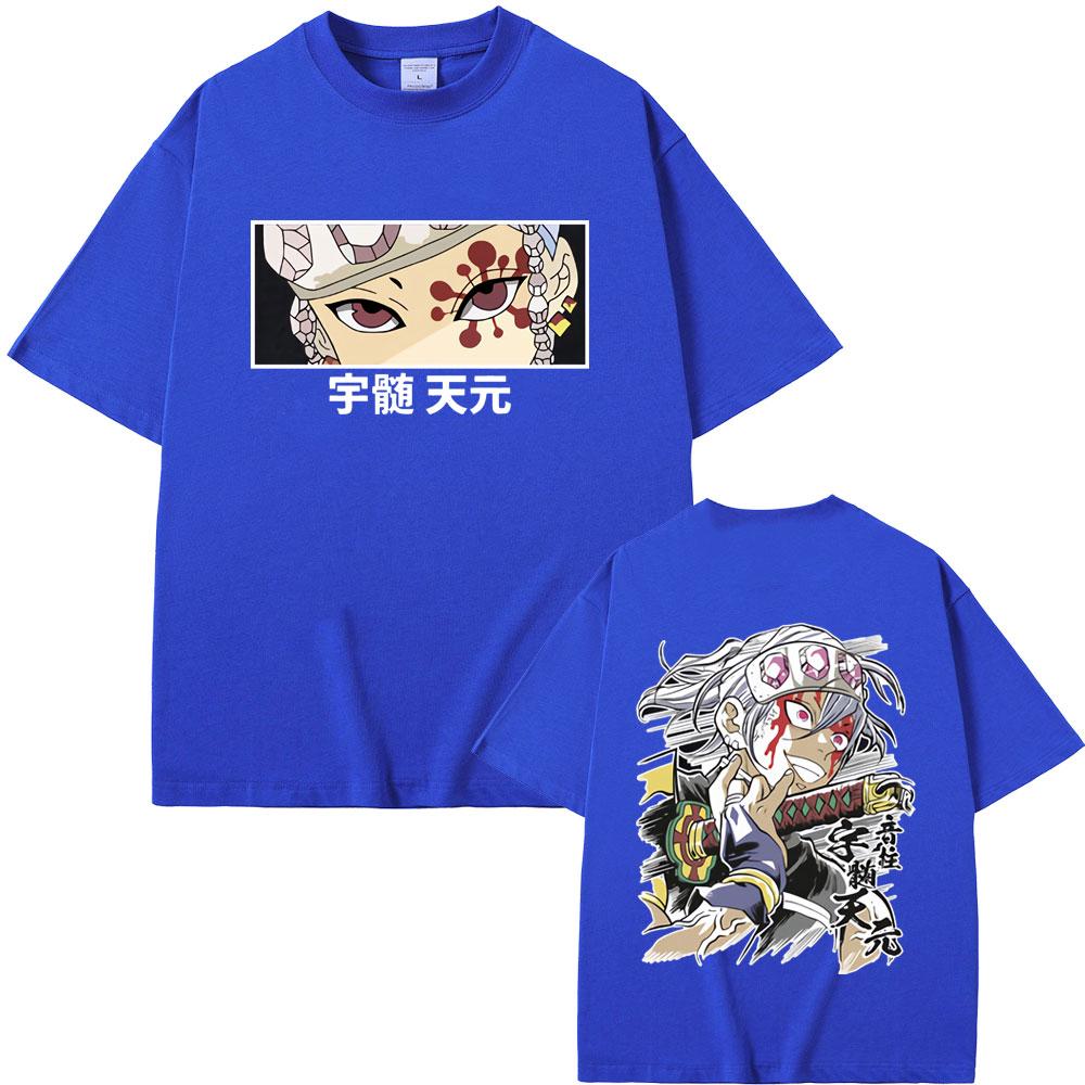 Anime Demon Slayer Uzui Tengen Double Sided Graphic Tshirt Men Women Casual Oversized Crewneck T-shirt Male Vintage Streetwear