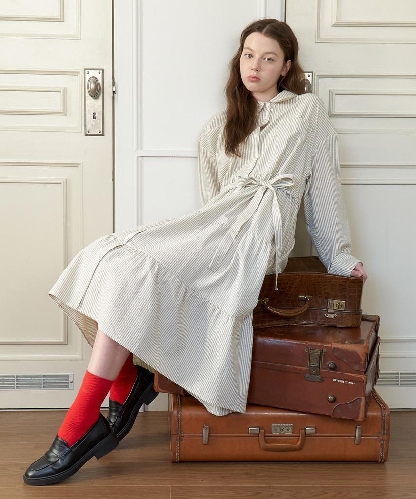 Cluny Round Collar Stripe Shirt Dress - Beige