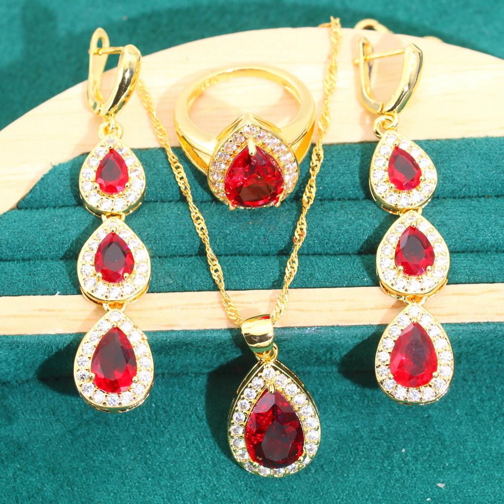 Biżuteria Niebieska Kropla Wody Cyrkonia Naszyjnik Kolczyki Pierścionek Bransoletka Zestaw Biżuterii