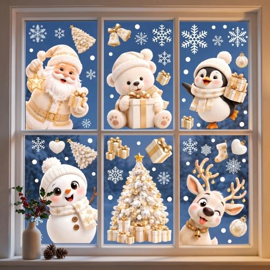 Static Cling Stickers 6Pcs Christmas Window Clings, Xmas Reusable Double Sided Snowman Non Adhesive Glass Snowflake Clings for Decorations Home Decor