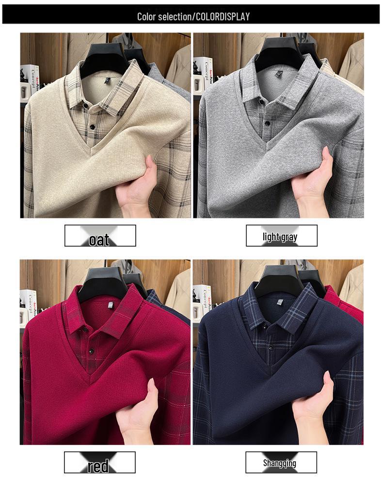 Men's 2025 Winter Plus Velvet Faux Two-Piece Lapel Knitwear for Middle-Aged & Elderly Dads