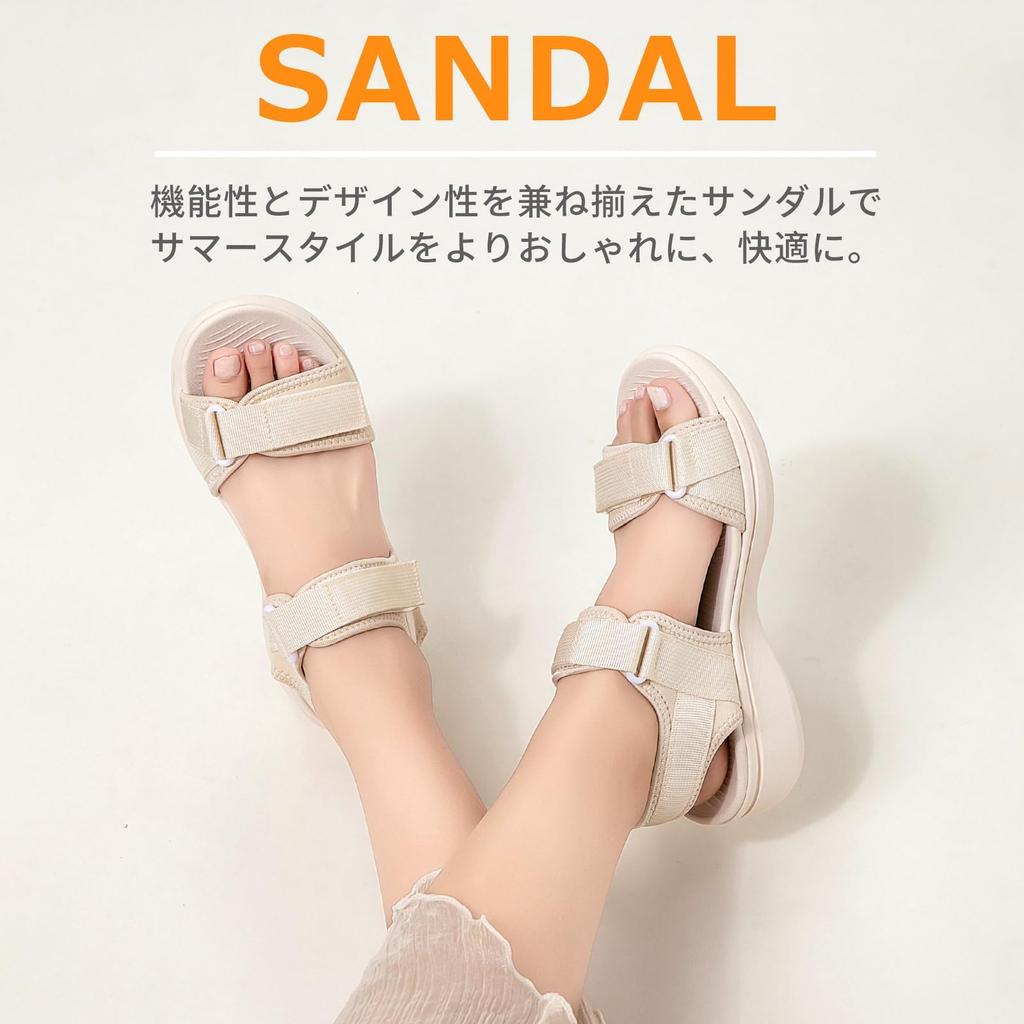 Velcro Sport Comfortable for Summer Outdoor Water and Land 2 Cream [SOARHOPE] Women's Sandals, Sandals, Walking, Lightweight, Leg-Lengthening,