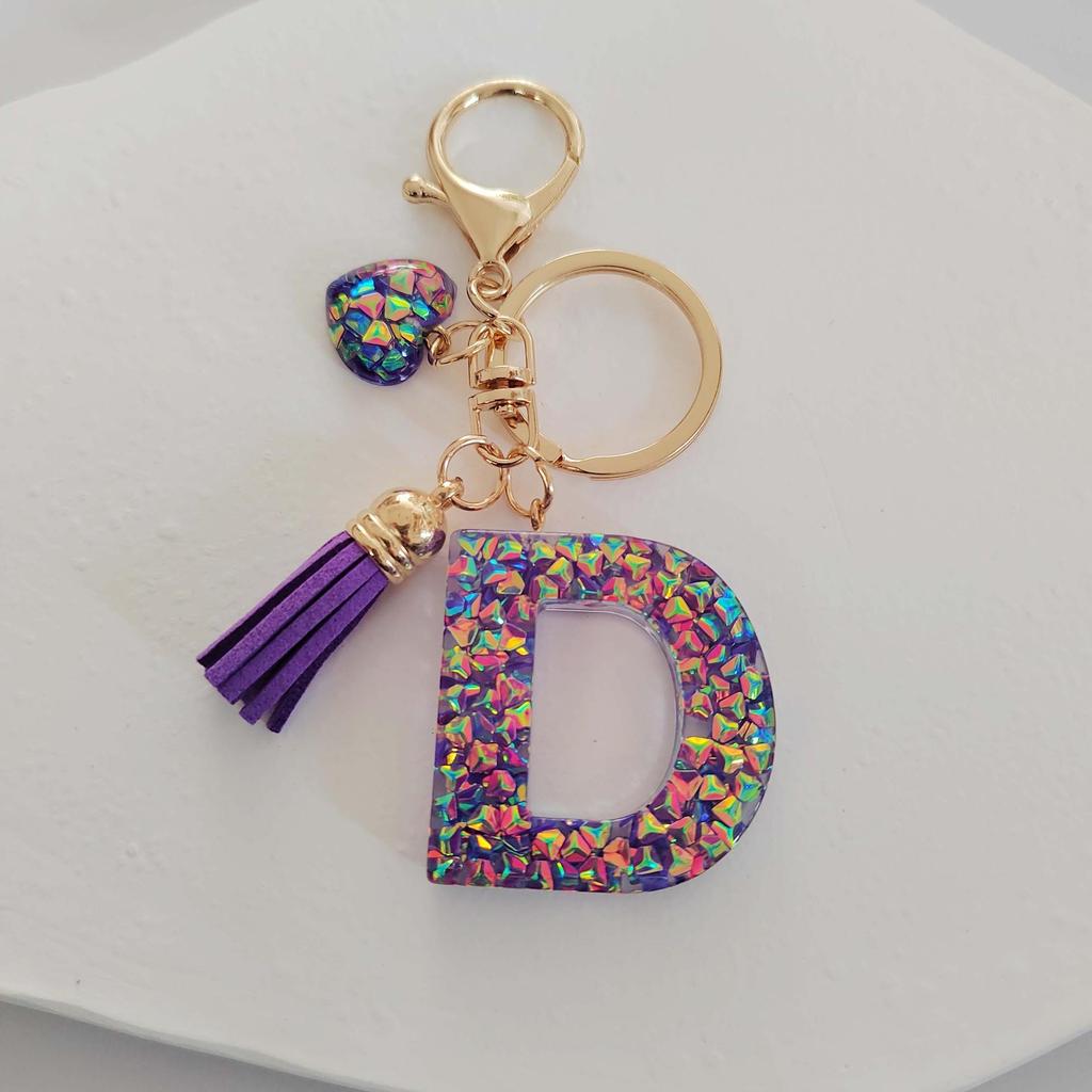 Candy Color Sequin Letter Keychain with Iridescent Heart and Tassel Charm