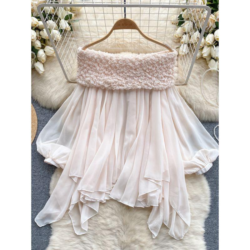 Fairy Top Super Fairy Sweet Heavy Industry Ruched off-Shoulder off-Shoulder Pure French Style Puff Sleeves Asymmetrical Chiffon Shirt