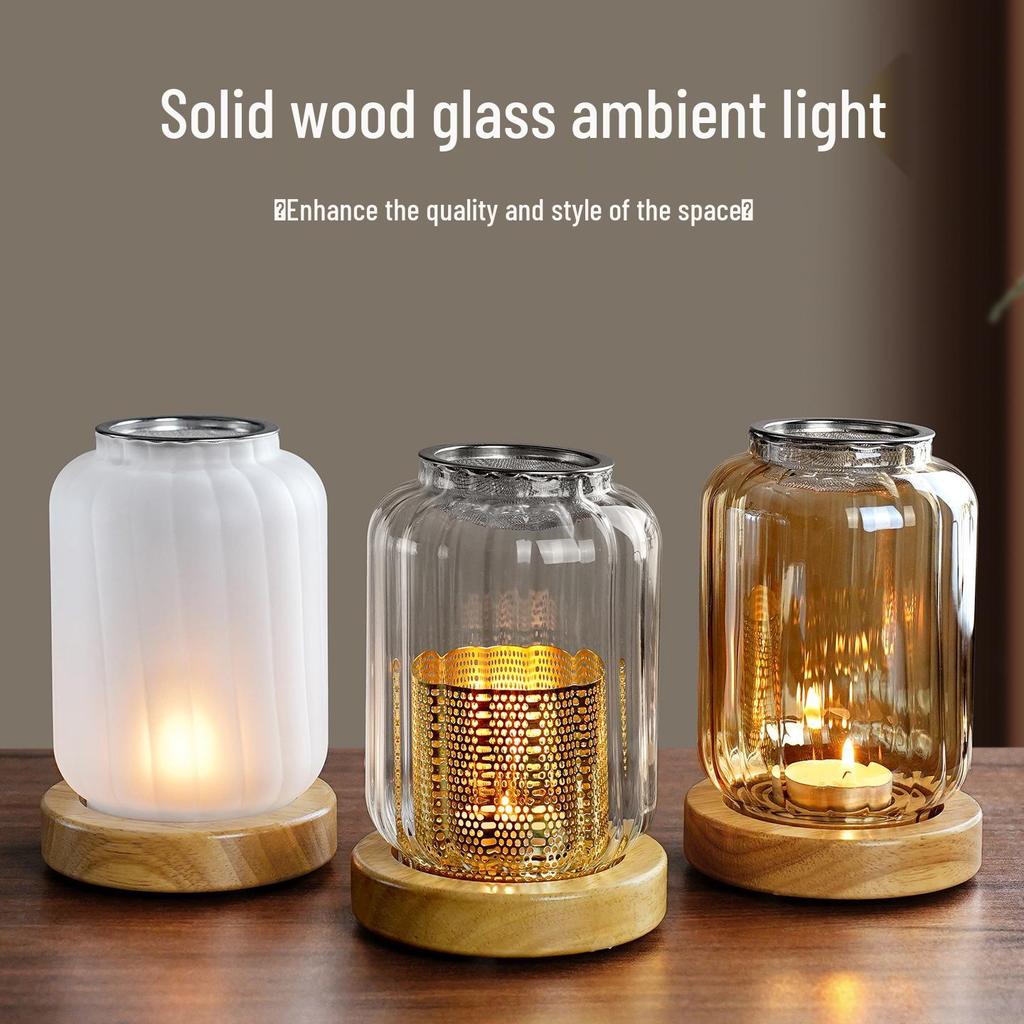 Solid Wood Glass Atmosphere Lamp & Candle Holder with High Transparency Incense Burner for Wax