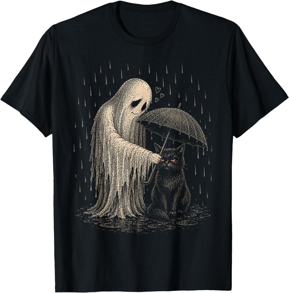 Vintage Ghost Umbrella Over Black Cat Rainy Gothic Halloween T-Shirt