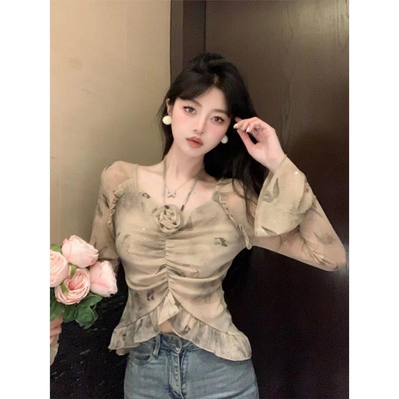 

Осенняя корейская мода винтажные блузки Y2k женские элегантные повседневные топы с цветочным узором женские шикарные ретро-топы с V-образным вырезом и длинным рукавом 2024 M бежевый