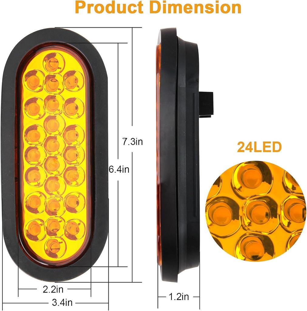 6PCS 6' Oval Amber LED Strobe Trailer Tail Lights with Rubber Grommet & 3-Prong Wires