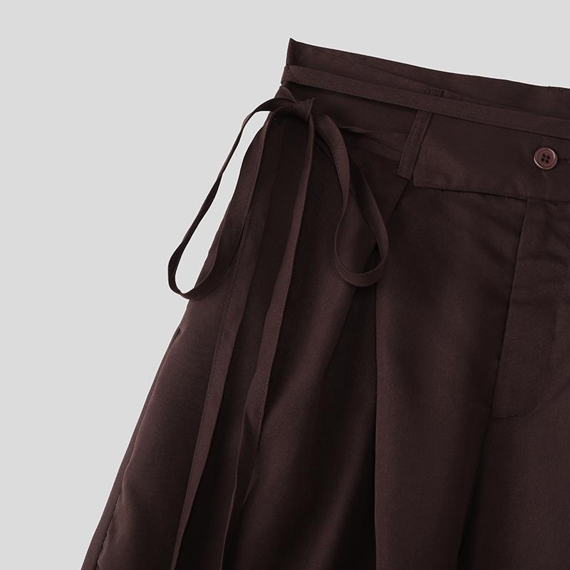 INCERUN Men Bandage Zip-up Waist Long Wide Leg Pants Casual Pockets Trousers