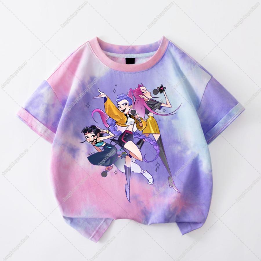 Kawaii KPop Demon Hunters Tie-dye T-shirt Girls Short Sleeve Tops Rumi Mira Zoey Printed Tee Shirts Summer Children's Clothing