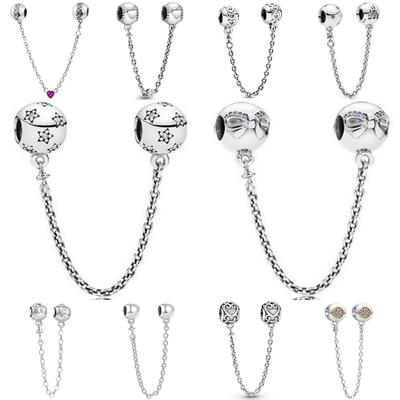 925 Silver Sparkling Crystal Bow Star Safety Chain Charm Bead DIY Jewelry Pendant for Women