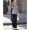 Damen Baumwolle Color-Block Bestickt Pailletten Kurzarm T-Shirt