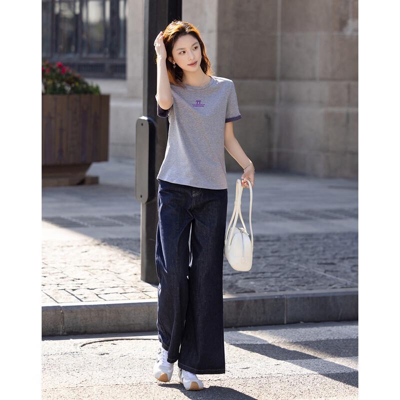 Damen Baumwolle Color-Block Bestickt Pailletten Kurzarm T-Shirt