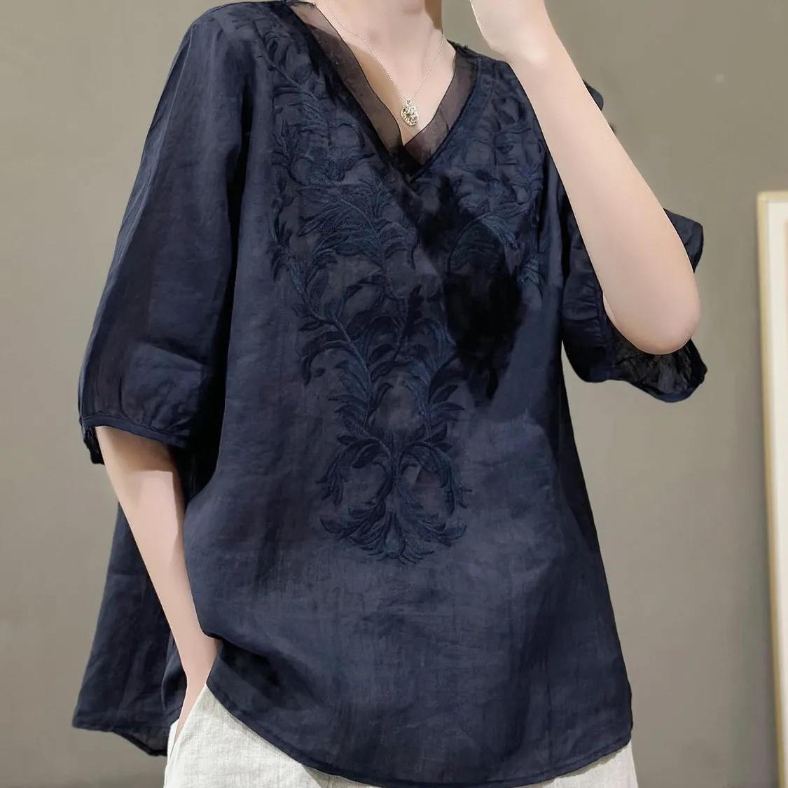 

Женская летняя футболка с вышивкой, V-образным вырезом, литературная, ретро, свободная, повседневная 2XL