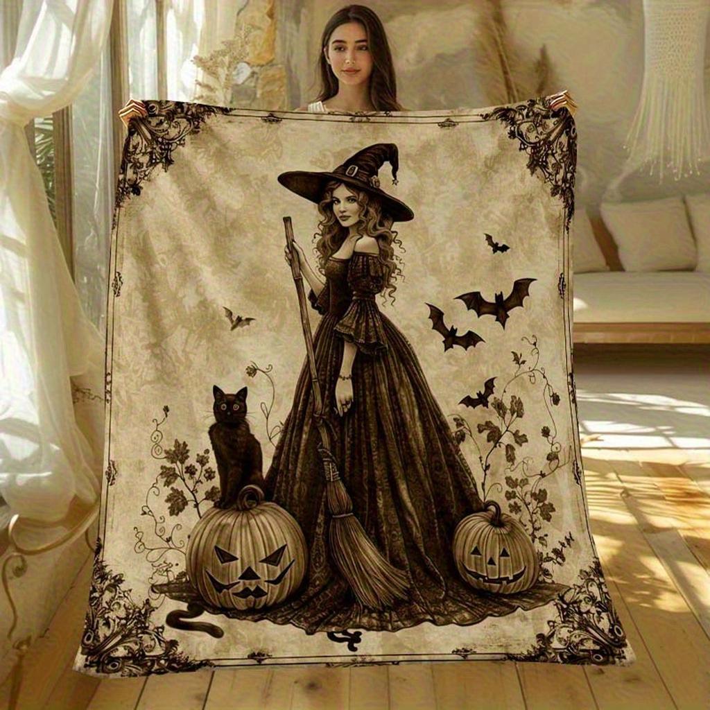 Vintage Halloween Witch Gothic Art Flannel Throw Blanket Soft Fleece Bed Sofa Cover, Decorative Aesthetic Throw for Home Living Room Bedroom