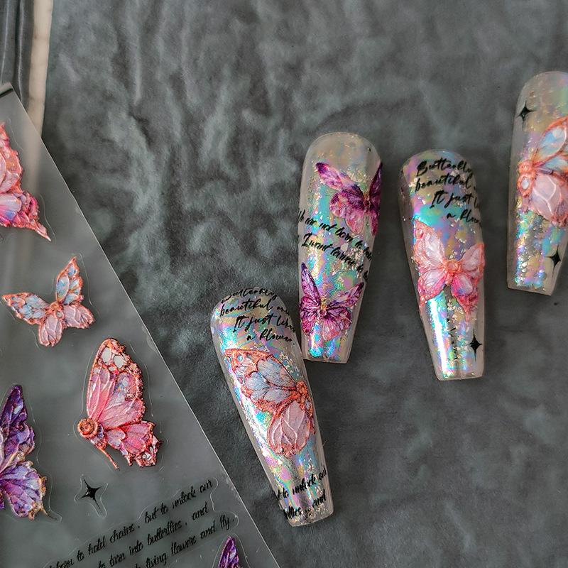 5D Embossed Butterfly Sticker Nail Art Stickers Realistic Relief Blossom Nail Art Decal Rainbow Butterfly Wing Nail Sticker