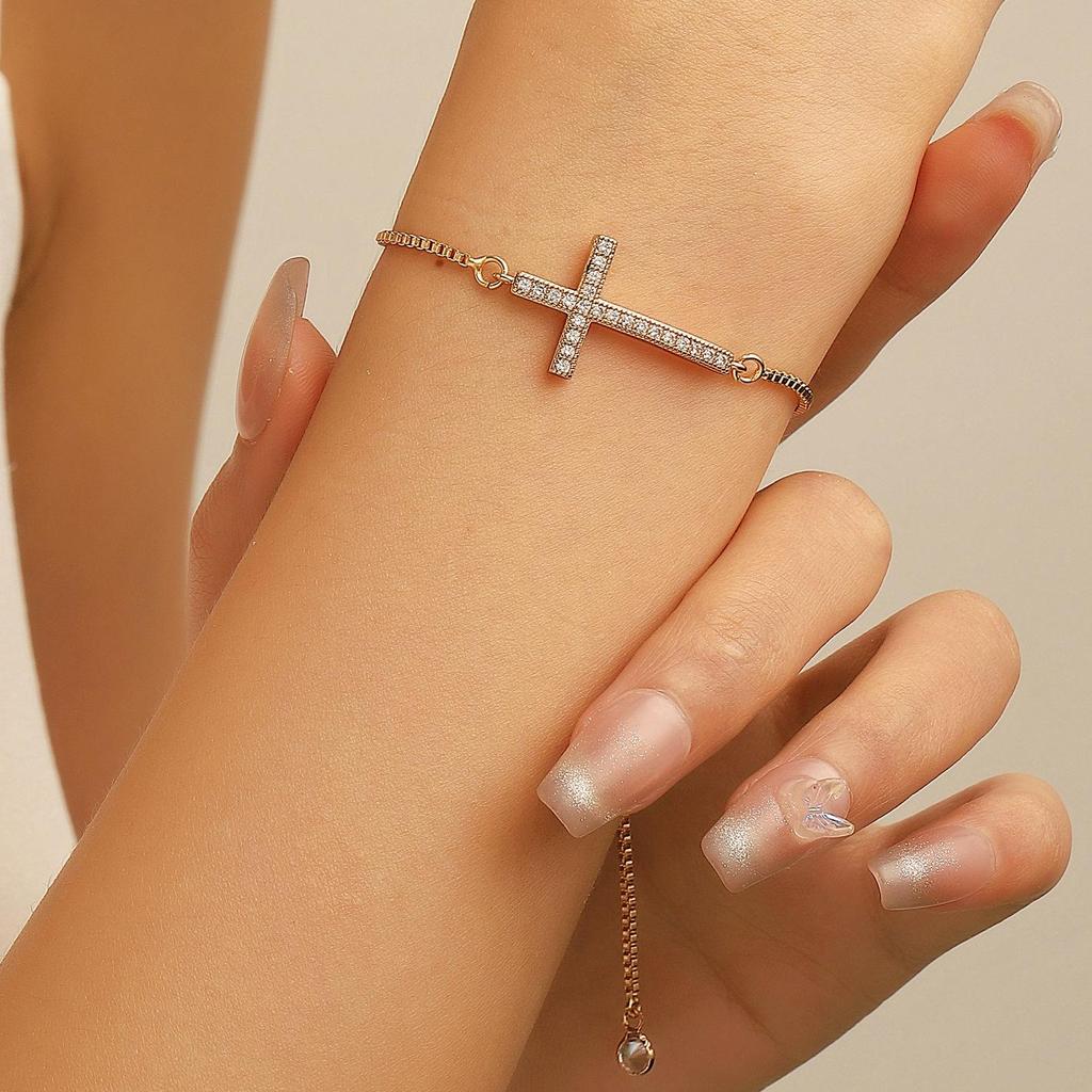 Diamond-Studded Cross Bracelet for Women: Elegant Adjustable Drawstring Bangle In European and American Style