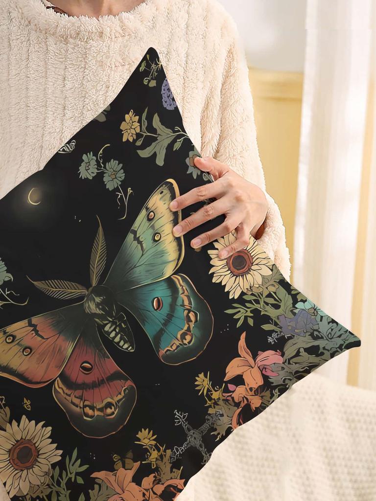Vintage Moth And Floral Print Throw Pillow Cover, Cushion Case For Sofa Bedroom Living Room Couch Bed Office Chair Home Decor