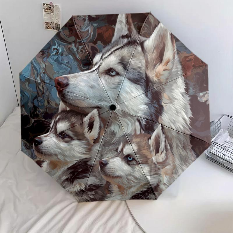 Three Wolves  Pattern, Automatic Folding Umbrella, Portable and Foldable Design, 8 Ribs, a Christmas or Birthday Gift.
