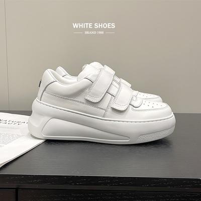 Velcro Little White Shoes Women's New Leather Thick Baseplate Shoes Heightening Cake Loose Sports Casual Shoes
