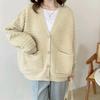 Loose temperament plush V-neck cardigan women's solid color sweater autumn and winter age-reducing long-sleeved knitted sweater outer top