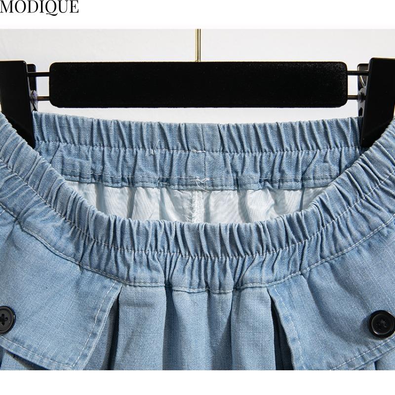 MODIQUE 2025 Nou Mărimi Mari Vară Femei Bumbac Elastic Spălare Pantaloni Treisfert Albastru Denim Fustă Plisată Dama Pantaloni Scurți Basic Casual Largi