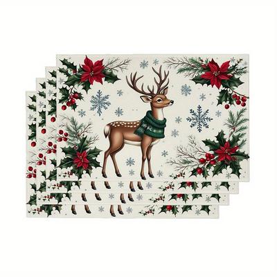 4pc S Festive Christmas Reindeer Placemats Set - Polyester Mats with Holiday Reindeer Design, Perfect for Kitchen
