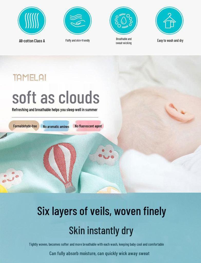 Class A 100% Cotton Six-Layer Gauze Blanket for Children - Lightweight Air Conditioning Quilt, Available In Single/Double Sizes for Summer