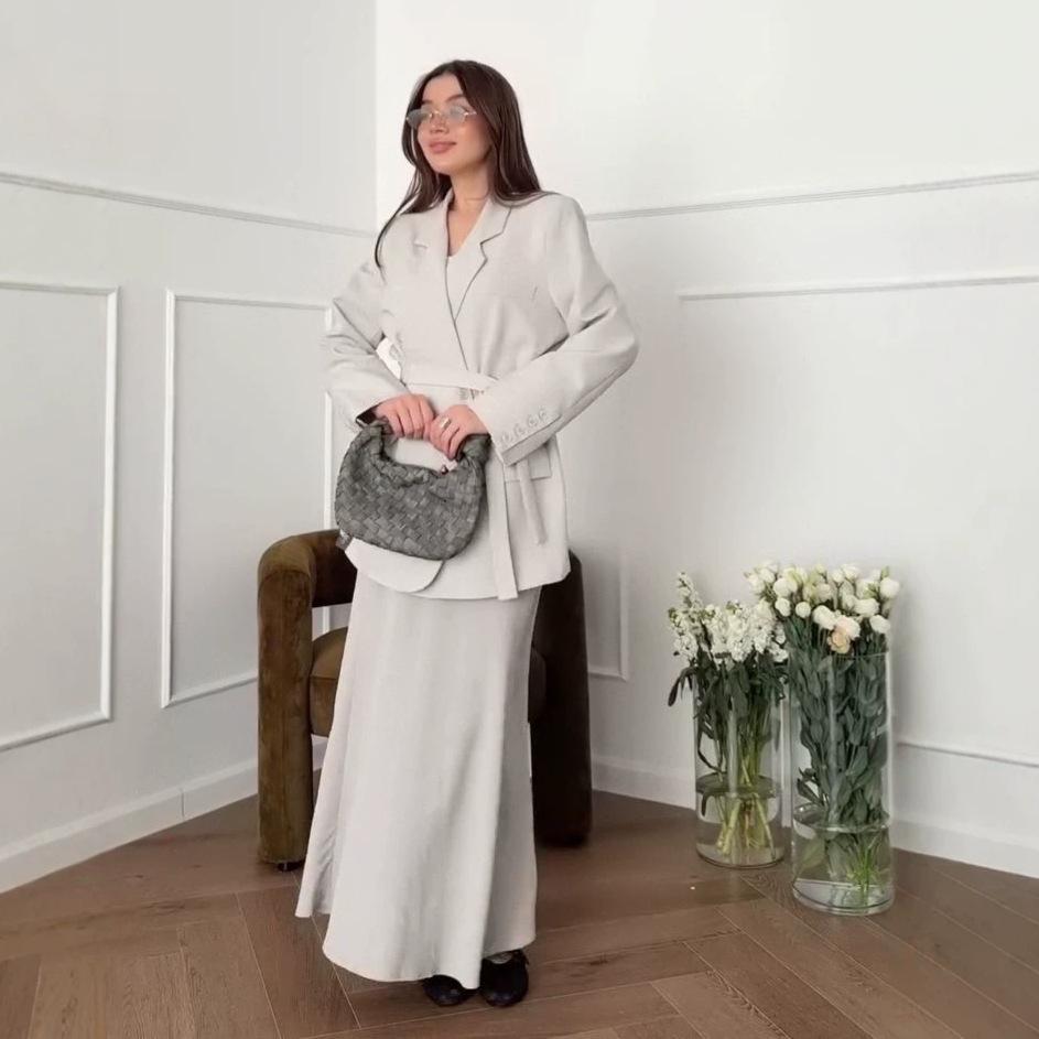 European and American Amazon women's new V-neck long-sleeved lace-up waist suit jacket high waist long skirt set