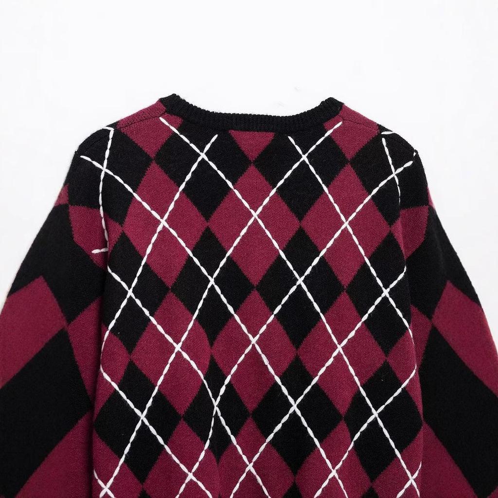 2025 Spring Women's European & American Style Diamond Pattern Knitted Sweater