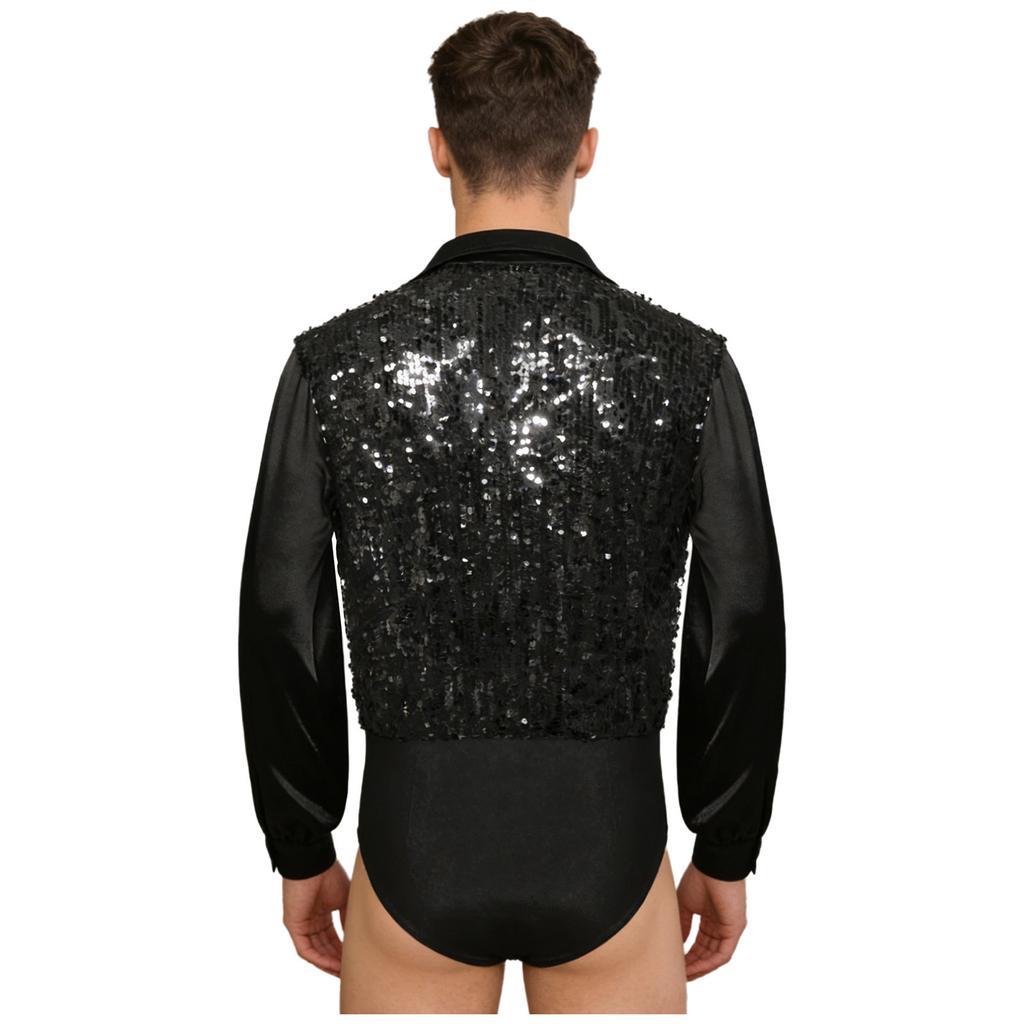 Mens Latin Ballet Dance Bodysuit Glittery Sequined Bodice V Neck Satiny Long Sleeves Buttoned Crotch Leotard