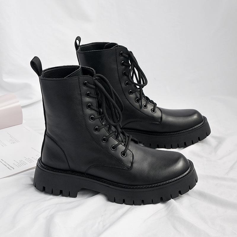 Men's Black British-Style Soft Leather High-Top Martin Boots with Thick Soles for Autumn and Motorcycle Wear.