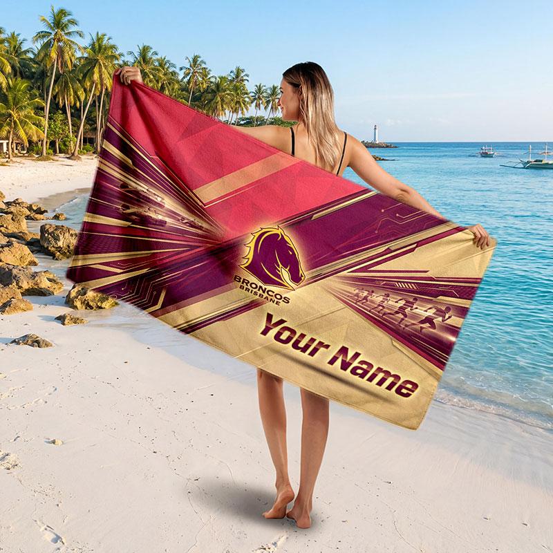 Brisbane Broncos Customized Name Text Beach Towel, Soft Absorbent Towel Beach Pool Travel Personal Gift