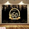 2D Happy 60th Birthday Backdrop, Black Gold Glitter 60 Years Old Party Photography Background Banner