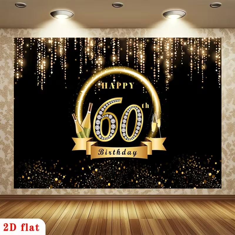 2D Happy 60th Birthday Backdrop, Black Gold Glitter 60 Years Old Party Photography Background Banner