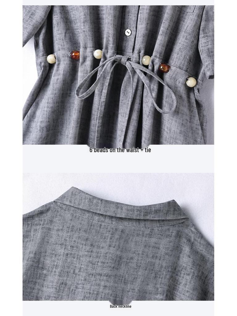 Elegant Summer Linen A-line Dress for Women - Fried Color Lapel, Lyocell Belted, Shirt Style