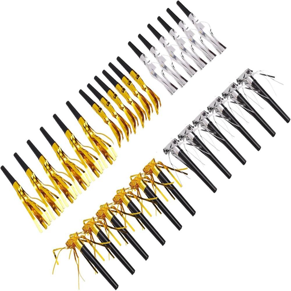 30 Pcs Metallic Fringed Party Blowers Gold And Silver Party Whistles Party Horns  For Birthday Party