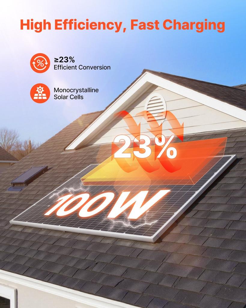2PCS 100W Monocrystalline Solar Panels, 23% High-Efficiency Mono PV Module with Stable MC4 Output & Aluminum Frame, IP65 Waterproof Solar Panel for