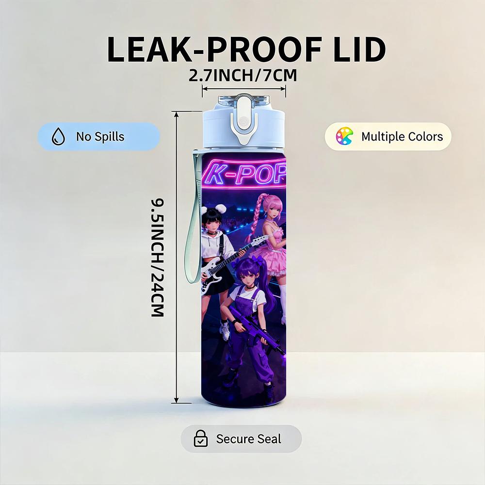 1PC Dark Neon Kpop Girl Live Stage Scene 750ml Color Plastic Water Bottle Leakproof Flip Straw Lid For Sports Office Home Use