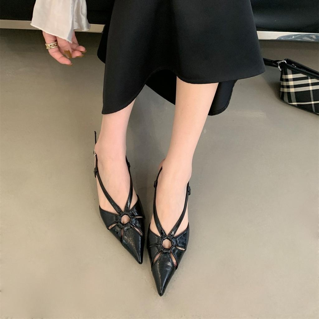 2025 autumn new French one-word buckle pointed head rear empty shallow mouth flat bottom cat heel bag head sandals women's summer