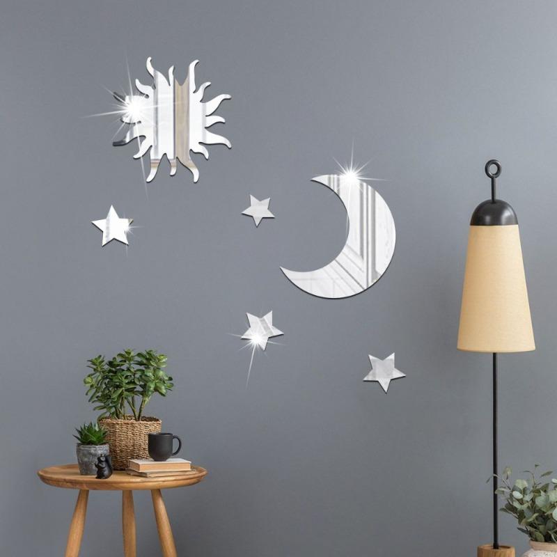 6 Stück Stern & Mond Kombination Spiegel Wandaufkleber für Schlafzimmer und Wohnzimmer - Ramadan Kareem, Feiertag, Geburtstagsparty Zubehör,